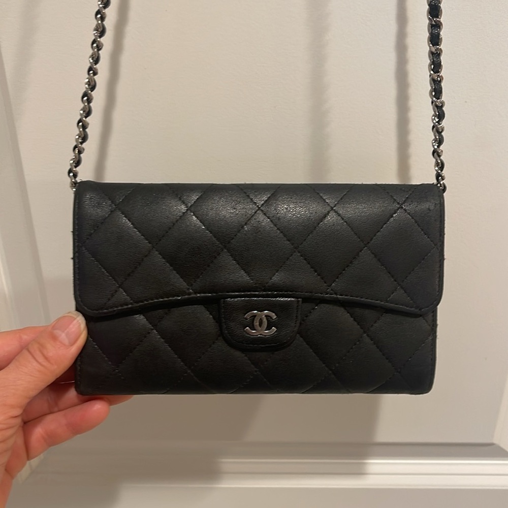 Chanel quilted mattelasse lambskin black trifold long wallet - Picture 10 of 14